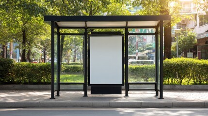 Stunning photo of modern bus stop shelter with blank advertising billboard in urban setting. Black metal frame, glass panels, green trees. Sunny day. Public transportation.