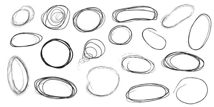 Set of circle doodles, hand drawn black line. Vector collection of hand drawn lines, circles with editable stroke.
