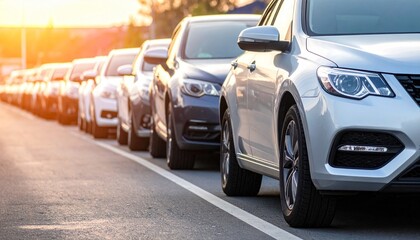 Row of parked modern cars along sunlit street—silver sedan in foreground, long shadows and warm glow suggest early morning or late afternoon in urban setting.