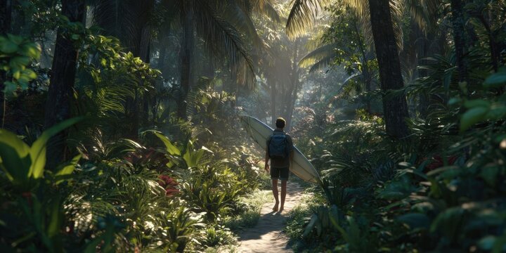 Surfer Walking Through Tropical Forest with Surfboard and Backpack