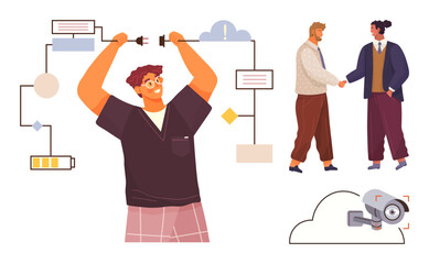 Technician connecting wires to a diagram, two people shaking hands, and a cloud-connected security camera. Ideal for teamwork, technology, workflow, communication, security, innovation solutions