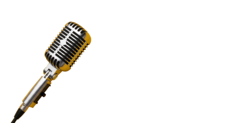 A vintage silver studio microphone with an intricate grille and black cable, flat lay, overhead view on a vibrant yellow background, ample negative space, concept for audio branding