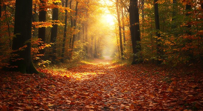 Autumn forest path sunlight