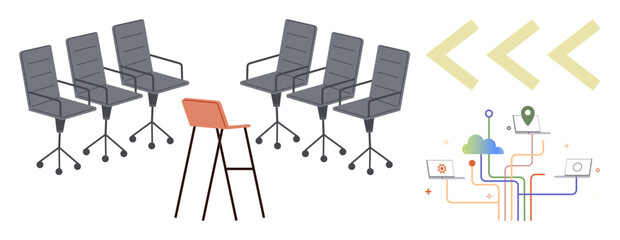 Conference chairs face contrasting red chair linked to colorful cloud computing paths. Ideal for leadership, teamwork, networking, innovation, digital transformation, diversity, modern workspace