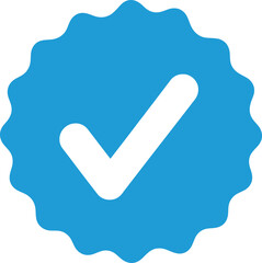 White Check Mark on Blue Rosette, Flat Style Icon Design on Transparent Background