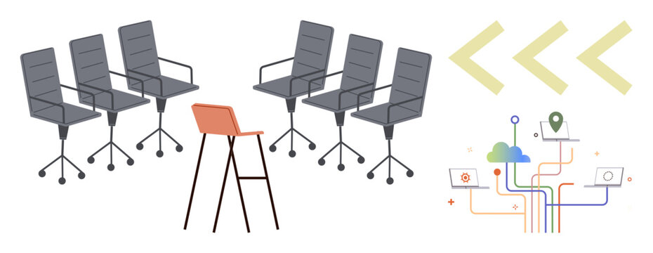 Conference chairs face contrasting red chair linked to colorful cloud computing paths. Ideal for leadership, teamwork, networking, innovation, digital transformation, diversity, modern workspace