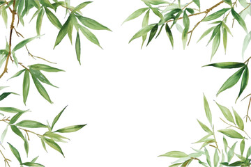 Watercolor Bamboo Leaves Border with White Space green branches
