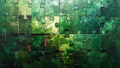 Abstract puzzle pieces in shades of green