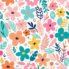Playful seamless floral pattern with colorful abstract flowers and leaves in pink, teal, yellow, and orange tones on a clean white background, perfect for textiles and decor.