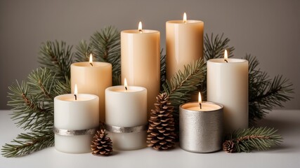 Elegant candles in holders decorated with pine twigs, isolated festive composition