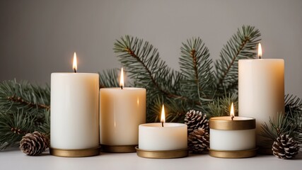 Elegant candles in holders decorated with pine twigs, isolated festive composition