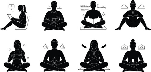 Mindfulness Silhouettes in Nine Relaxed Poses Featuring Journaling, Meditation, and Self-Care for Wellness and Design-Themed Content
