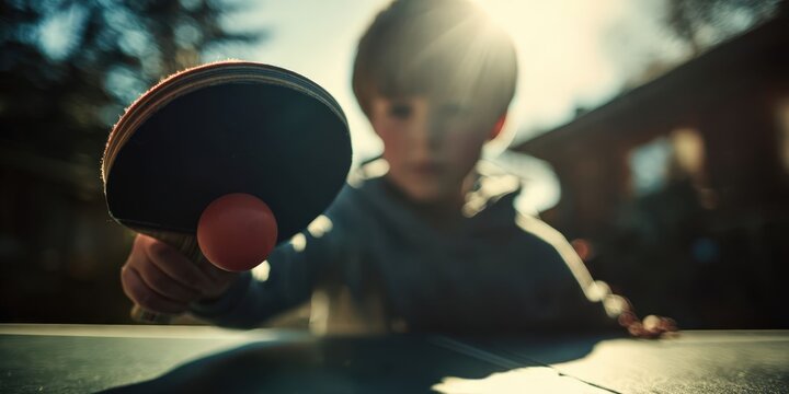Young Boy Preparing to Play Outdoor Table Tennis with Racket and Ball