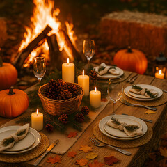 Naklejka premium A festive table for Christmas and new year, lights illuminating pumpkins, fallen leaves and lanterns create an atmosphere of warmth and celebration.