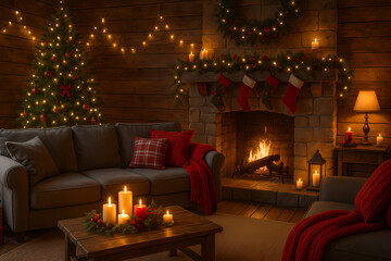 Obraz premium Festive interior with decorated Christmas tree and fireplace. 2026/2025