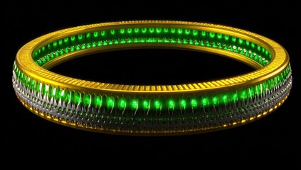 A circular, golden ring with intricate details, adorned with vibrant green lights, creates a striking visual.