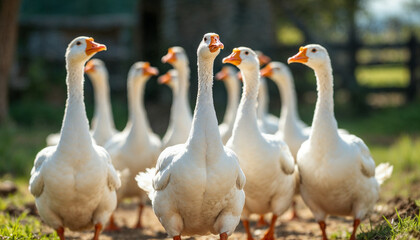 Close-up of geese flock walking on a rural farm in soft sunlight