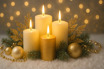 Candles with cedar branches and cones. The cosiness of the festive atmosphere of Christmas and New Year 2026/2025 at a rustic wooden table illuminated by the delicate highlights of the 16:9 side.