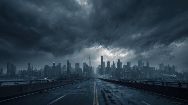 Stunning photo of postapocalyptic new york city skyline cinematic fictional scene with highway leading to armageddon scifi concept illustration.