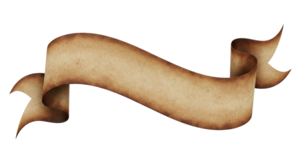 A single vintage parchment paper ribbon banner, wavy and flowing, with aged brown textures, isolated on a transparent background with copy space, historical document concept