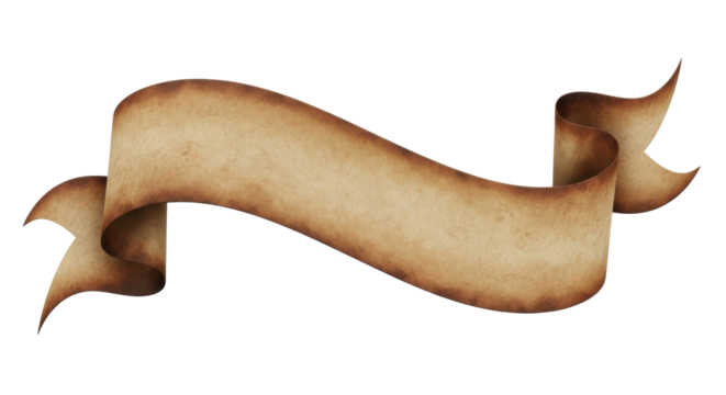 A single vintage parchment paper ribbon banner, wavy and flowing, with aged brown textures, isolated on a transparent background with copy space, historical document concept