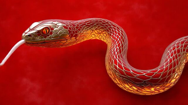 Red and gold snake on red background with white tongue sticking out