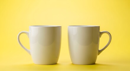 Two white mugs side by side on a bright yellow background