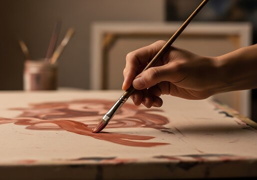 Artist Painting on Canvas in Studio.