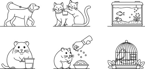 Pet Silhouettes in Six Cartoon Scenes Featuring Dogs, Cats, Hamsters, Birds, and Fish for Family and Design-Themed Content