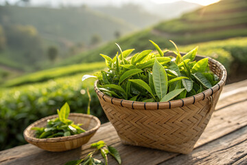 Fresh green tea leaves in wicker basket