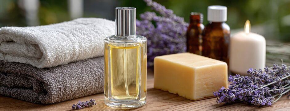 Delight in a calming lavender spa arrangement featuring essential oils, candles, and soft towels for an inviting retreat at home - Powered by Adobe