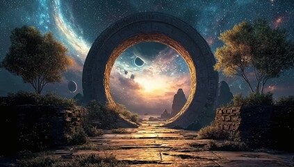 Una imagen de un portal antiguo que se abre a una vista impresionante del espacio exterior.