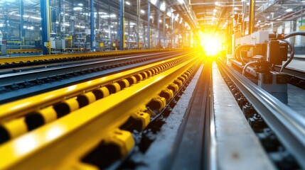 A train track with yellow stripes and a yellow train