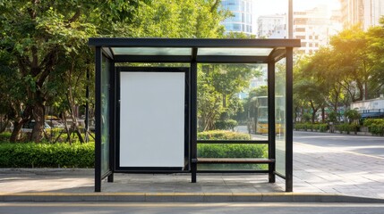 Stunning photo of modern bus stop shelter with blank advertising billboard in urban setting. Black metal frame, glass panels, green trees. Sunny day. Public transportation.