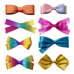 Festive flat lay of colorful glittery ribbons and bows for celebrations and crafts