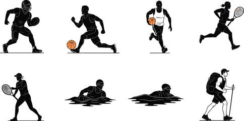 Sports Silhouettes Featuring Football, Basketball, Tennis, Swimming, Running, and Hiking for Fitness, Recreation, and Youth Activity Design Content