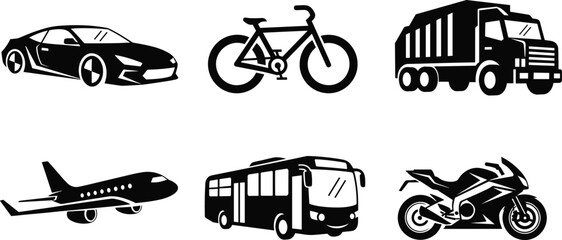 Transportation Silhouettes Featuring Car, Bike, Truck, Plane, Bus, and Motorcycle Icons for Travel and Mobility Design Content