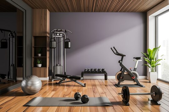 Modern home gym with exercise equipment and natural light