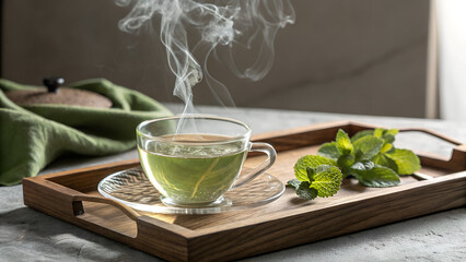 Hot green tea in glass cup with steam