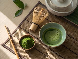 Traditional matcha tea set flat lay