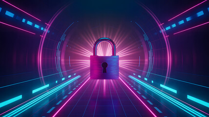 A padlock in a neon tunnel with blue and pink lights creating a futuristic and secure environment