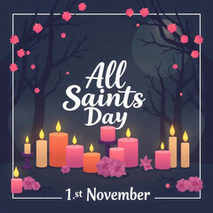 All Saints Day Template for Social Media - November 1st Celebration with Candles and Flowers