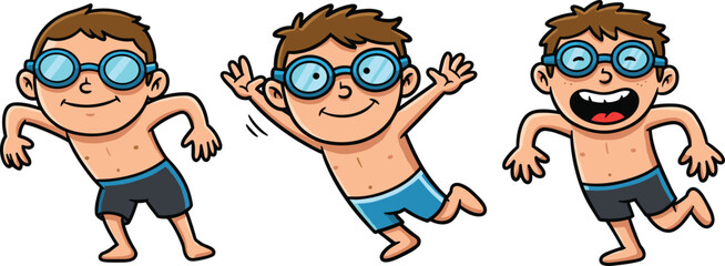 Cartoon boys jumping and playing in swim trunks with goggles, having fun in summer, swimming pool kids vector illustration design