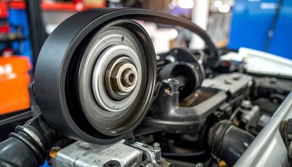 Close-up of a car engine's serpentine belt and pulley