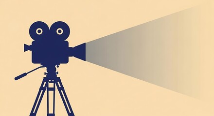 Vintage Blue Film Camera Silhouette Projecting a Fading Beam of Light on a Cream Background.