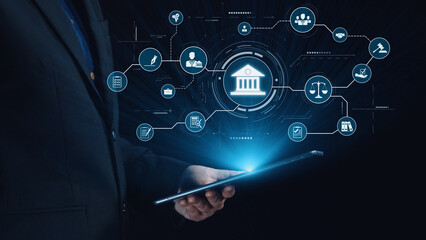 Futuristic digital law interface displaying justice scale, highlighting digital law, AI compliance, digital law systems, and digital law regulations for secure governance. Elide