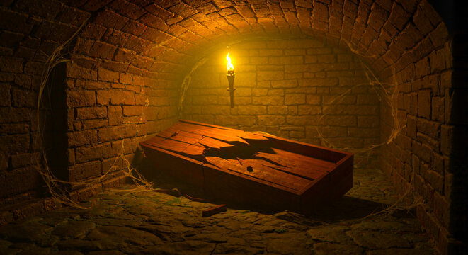 Broken wooden coffin lid lying ajar in an old crypt illuminated by a flickering torch
