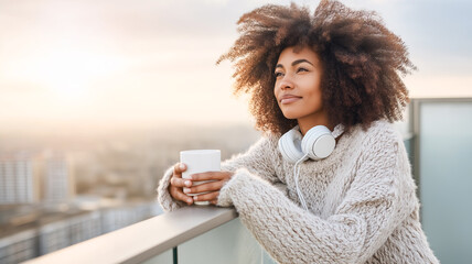 Portrait of a beautiful young African American woman with a cup of coffee and headphones on the balcony. The atmosphere of comfort and relaxation.