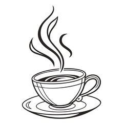 Stylized black and white illustration of a steaming cup of coffee on a saucer