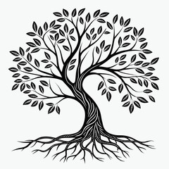 Obraz premium Stylized black and white illustration of a tree with visible roots and leaves
